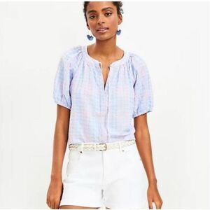 NWT LOFT Large Petite Blouse Puff Sleeve Gingham Pastel Blue Pink LP Tie Spring